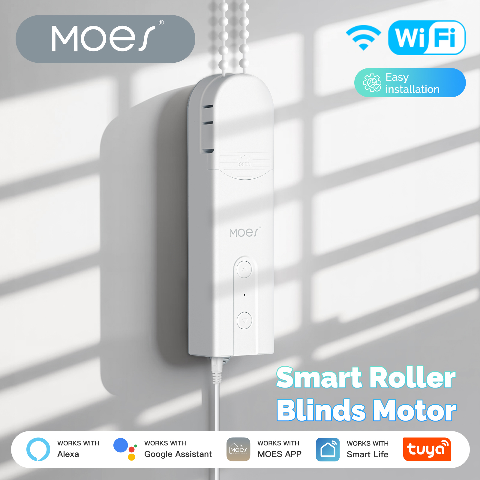 Tuya WiFi スマートカーテンモーター、MOES 電動ローラーブラインドドライバー、Alexa Google Home 音声コントロール、自動プルコードチェーン