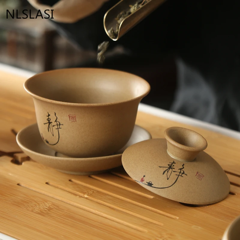 手描き風景 Gaiwan 絶妙なセラミックティーボウルソーサー蓋キットマスターティートゥリーン茶器ドリンクウェア 150 ミリリットル