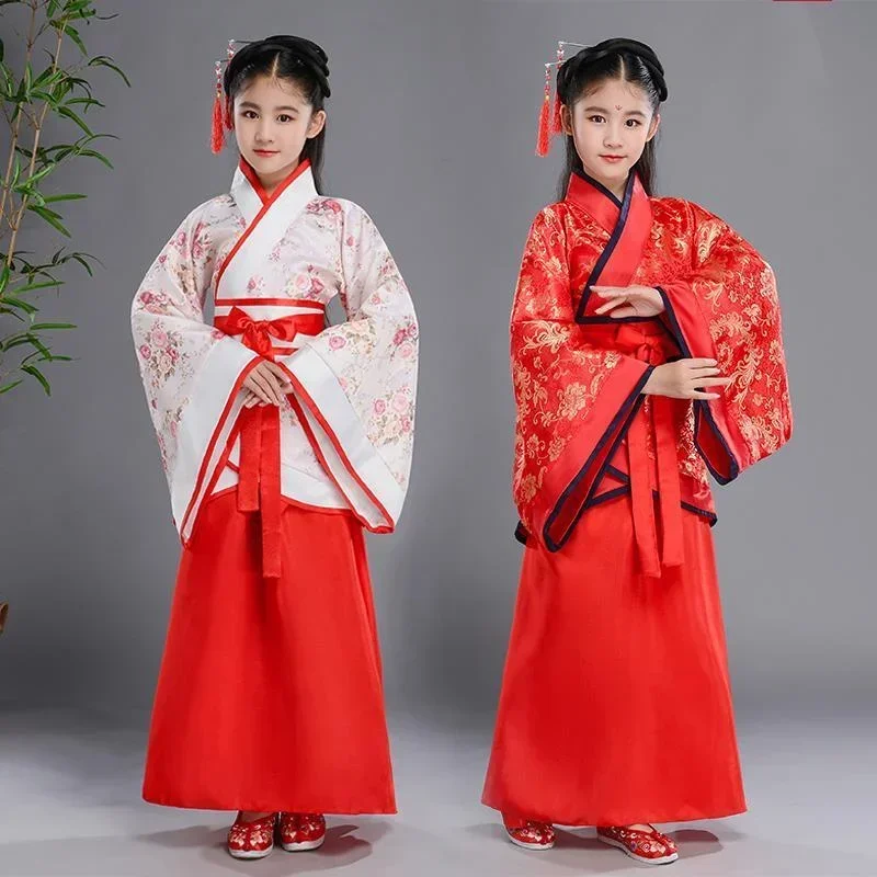 中国の民族舞踊新年服伝統的な漢服女の子子供ドラゴンドレス古代ステージカーニバル衣装服スカート