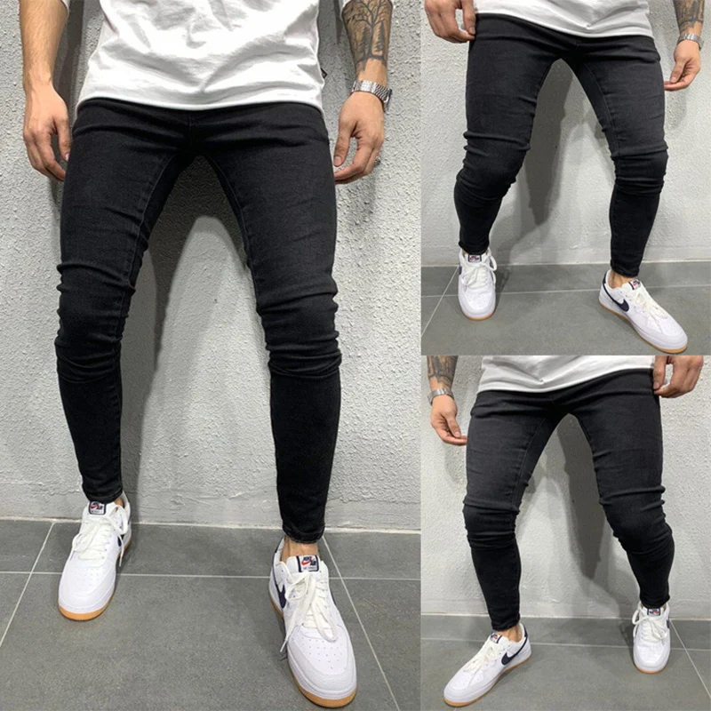 春男性クラシック弾性ペンシルジーンズジャンオム男ソフトストレッチ黒バイカー Masculino デニムパンツメンズ固体パンツ