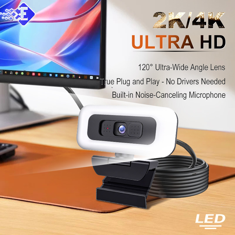 ポータブル フルHD 2K 4K ウェブカメラ PC ノートパソコン オートフォーカス ウェブカメラ ライブストリーミング マイク付き ライト付きライブ放送