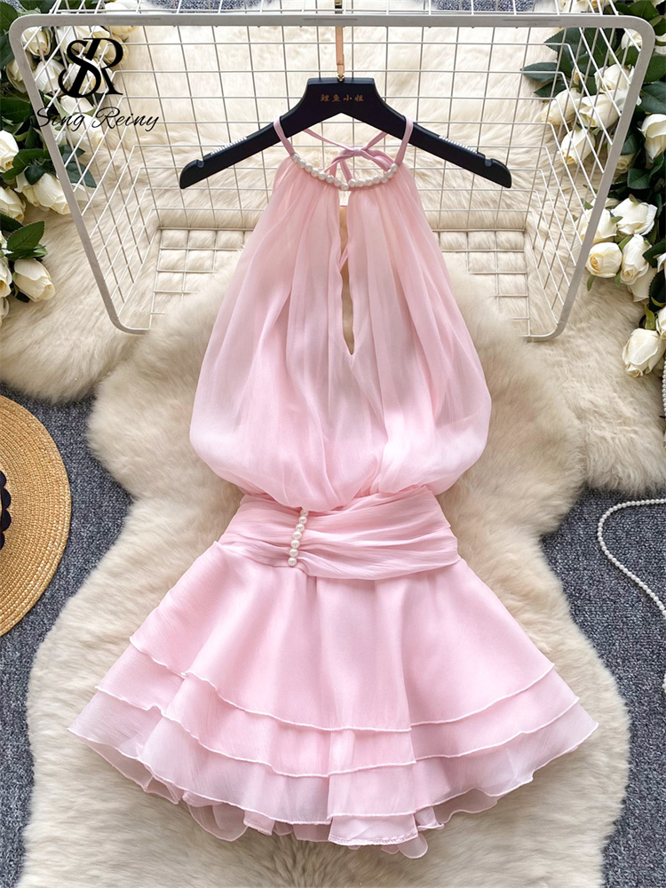 SINGREINY ストラップシフォンミニドレス女性パールホルターノースリーブバックレスセクシーなデザインフェアリーコア休暇夏のフリルドレス