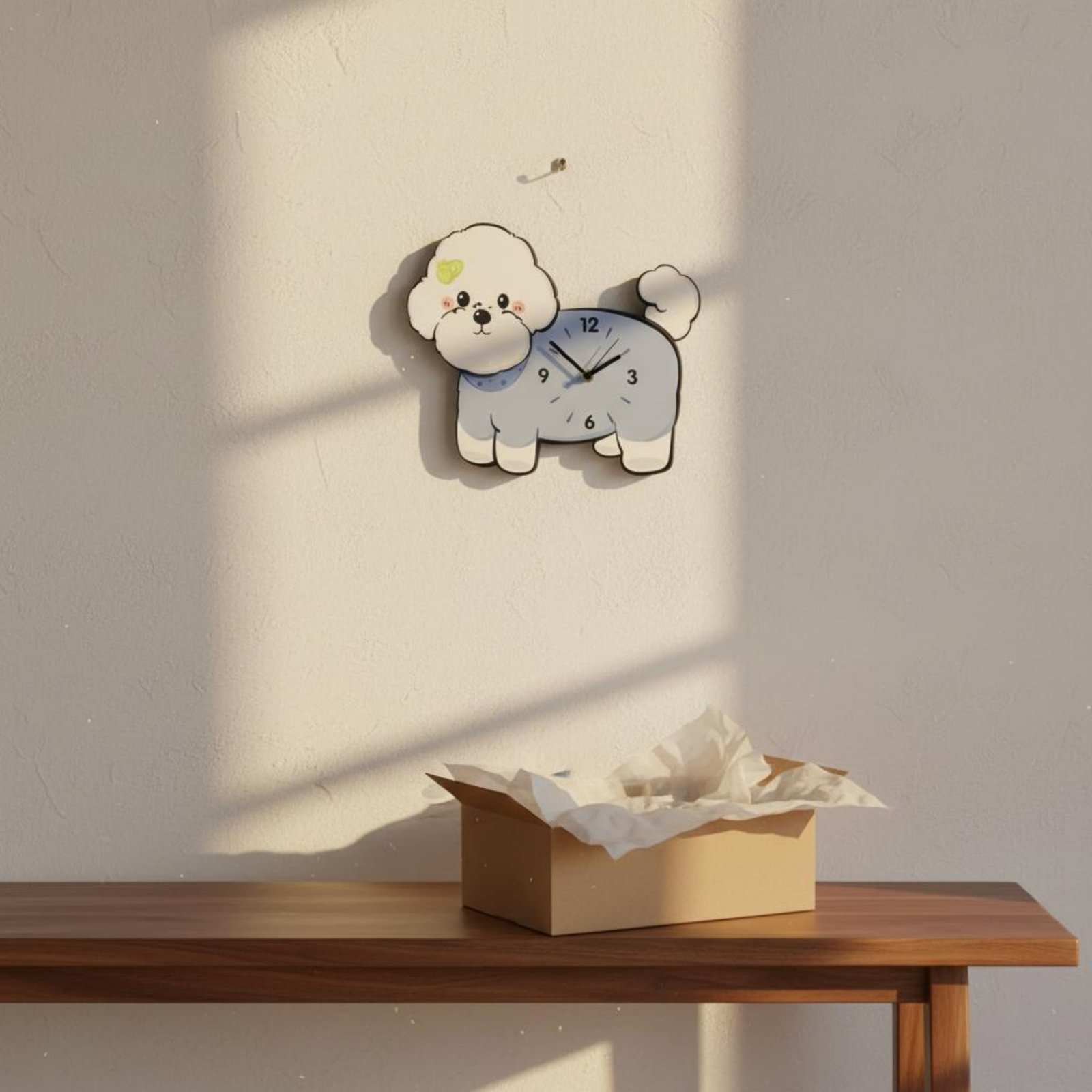 Bichon Frise Wall Clock Adorable Design Wagging Tail Dog Clock Distinctive Gift Easy Installation for Bedroom, Nursery