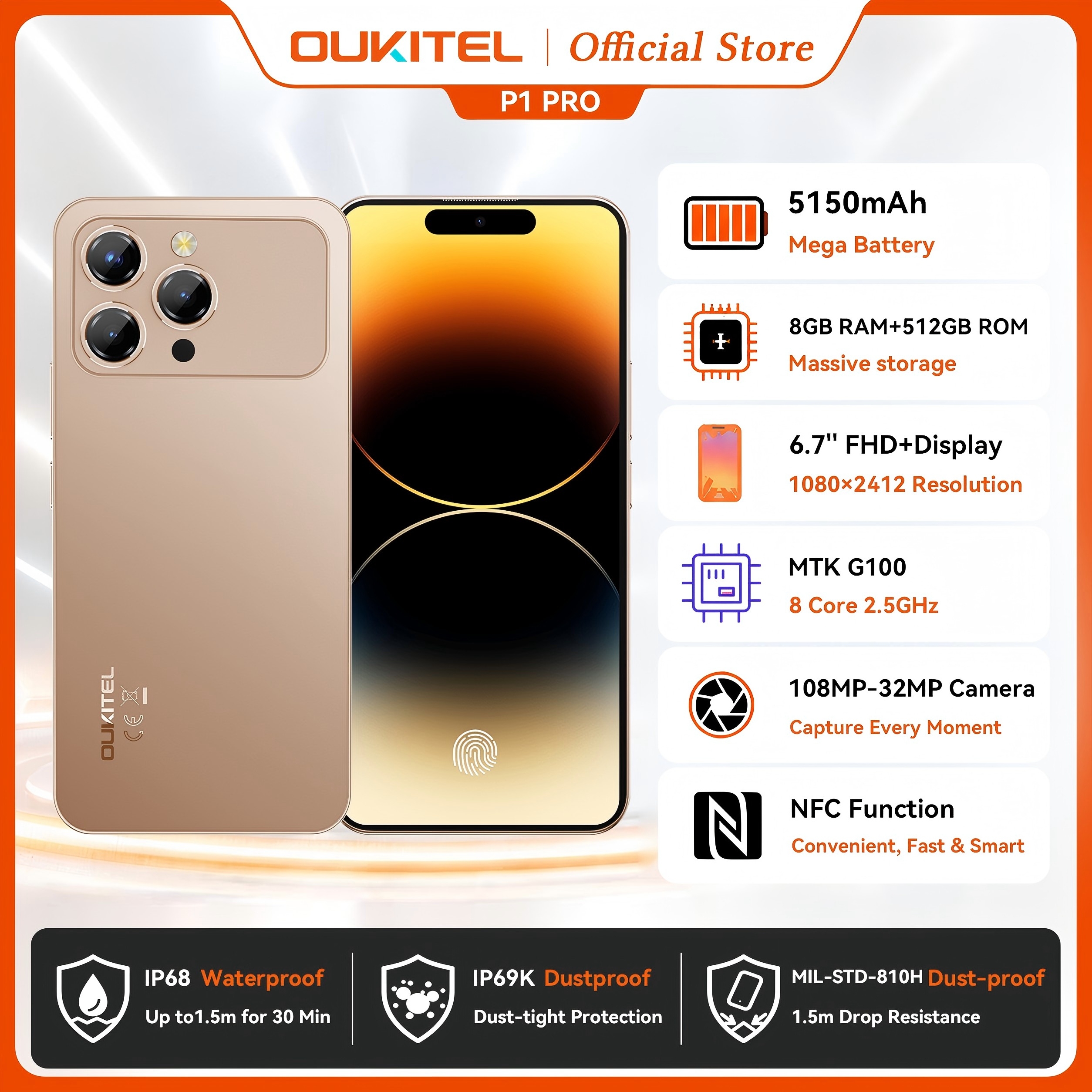 OUKITEL P1 PRO 6.7 インチ FHD AMOLED 120Hz、5150mAh バッテリー、8.2mm 超薄型スマートフォン 8GB 512GB、Android 15