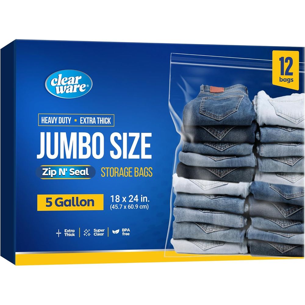ジッパートップ付き大型収納バッグ 12 個 - 5 ガロンバッグ 18 x 24、特大プラスチックまたは衣類、旅行、移動、大型再利用可能なバッグ