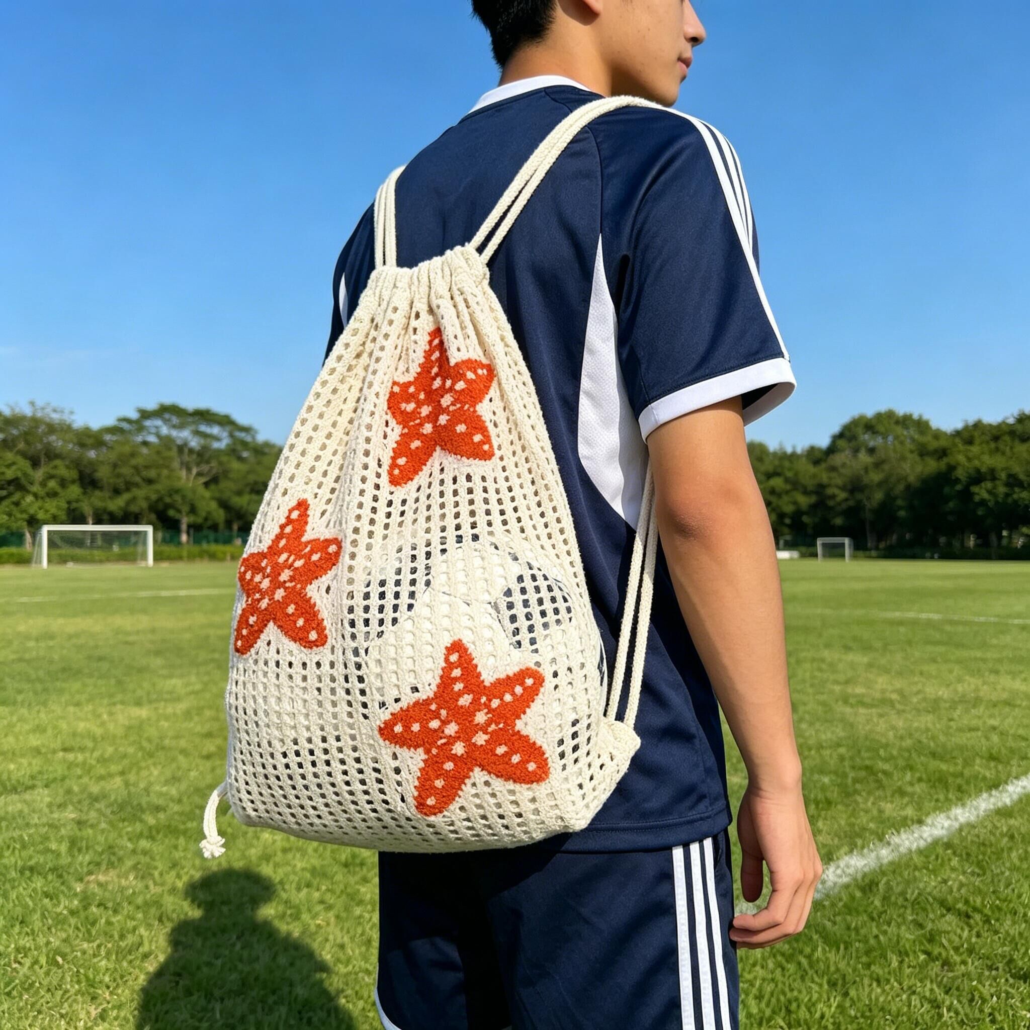 ファッショナブルな中空ヒトデ刺繍メッシュファッションバックパック - 大容量巾着、オレンジヒトデデザイン、バスケットボール、サッカー、キャンプ用品を収納可能、ベージュポリエステル繊維、以下に適しています。