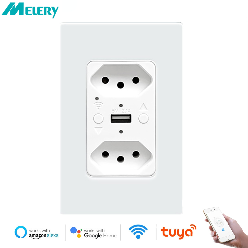 Melery WiFi スマート Tuya ブラジル Tomada USB 壁ソケットガラスパネル電気プラグコンセントスマートライフ Alexa Google ホームによるリモート