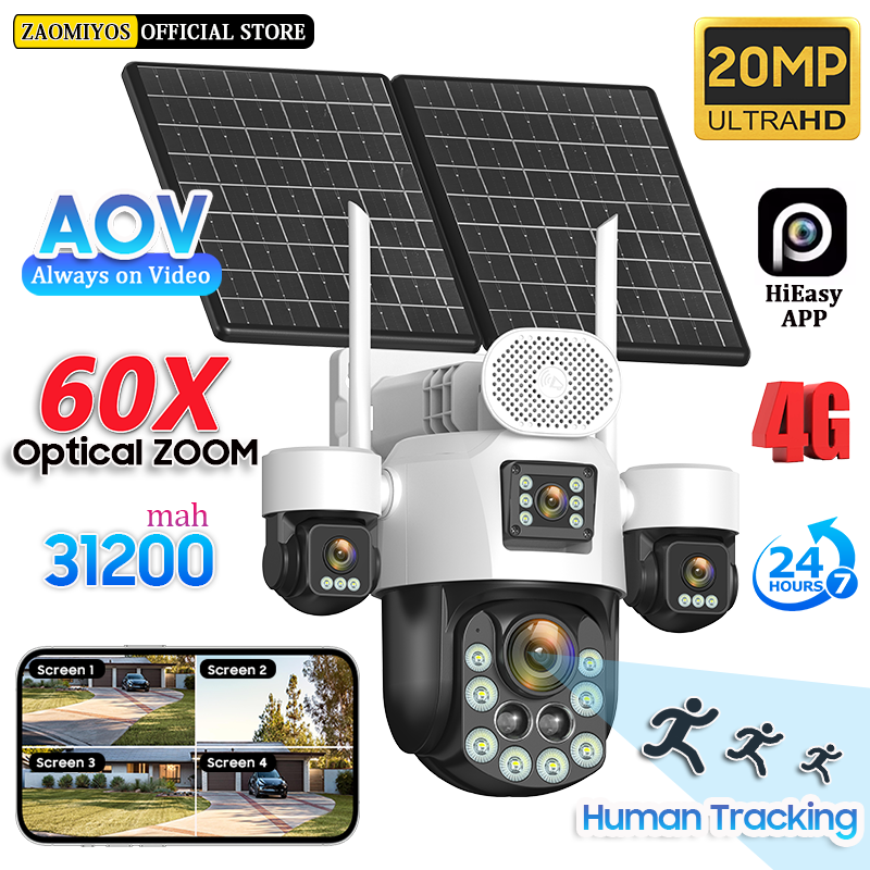 4K 4 レンズソーラーカメラ 4G ホーム屋外監視 60X 光学ズーム自動追跡 31200mah AOV 24/7 記録セキュリティ PTZ カメラ