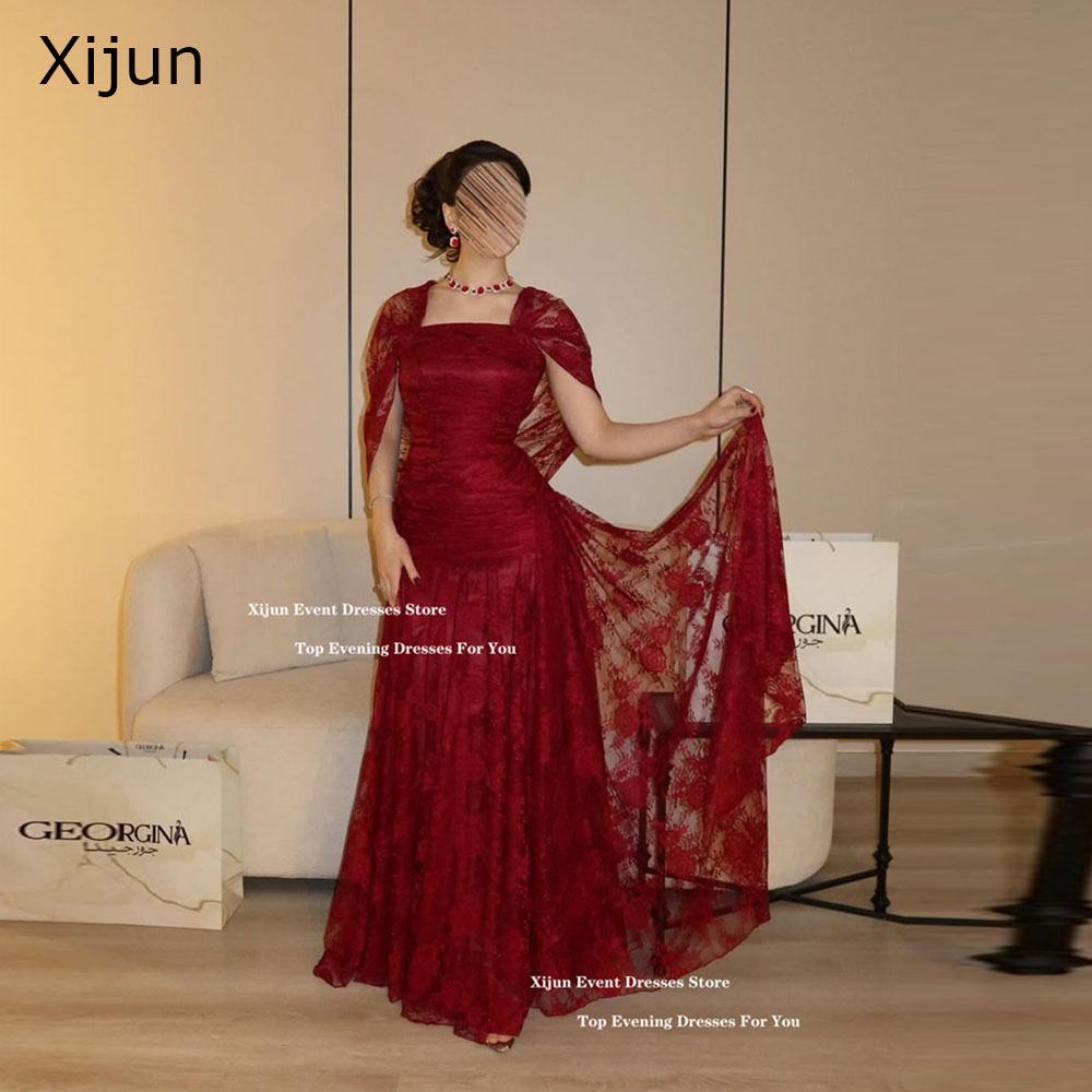 Xijun 高級レッドレースのイブニングドレスオフショルダープリーツフォーマルウエディングドレス A ラインロングドバイウエディングドレス女性カスタマイズ