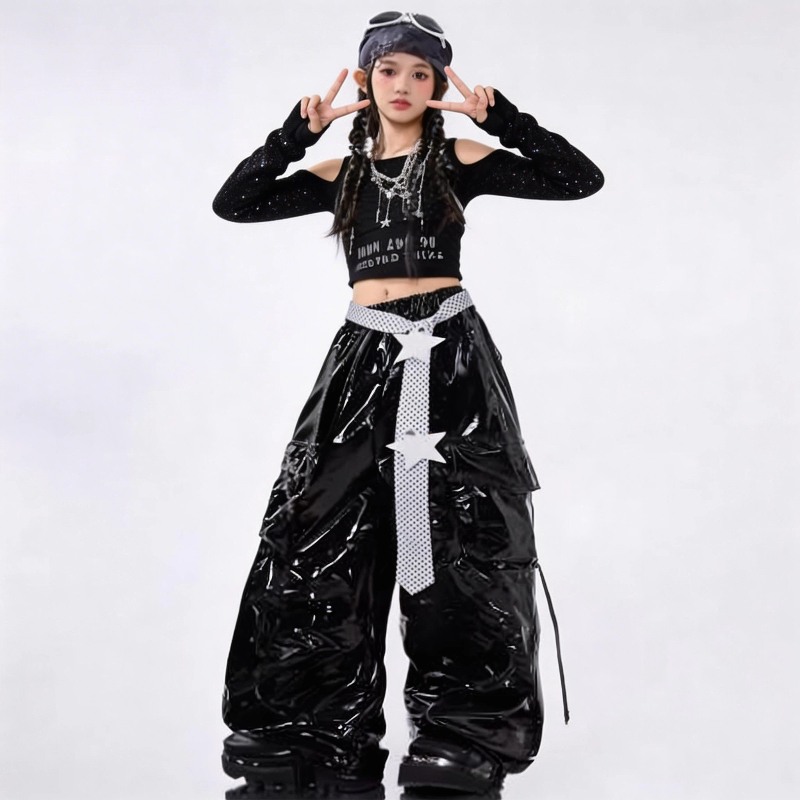 ジャズガールグループ服セット女の子ヒップホップ黒スパンコールクロップトップスカーゴパンツ子供ストリートダンス衣装子供 K-POP ストリート