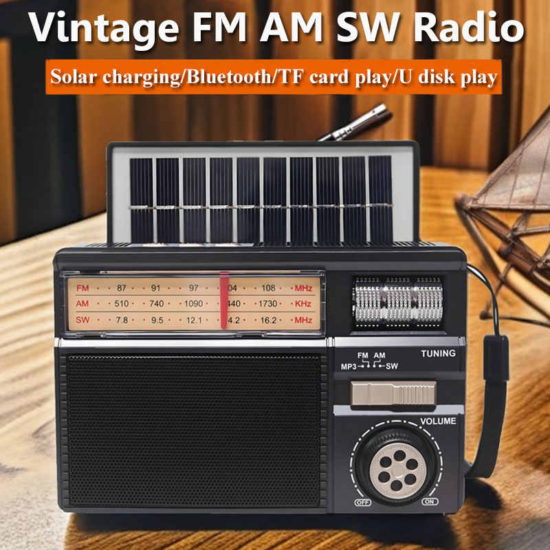 ポータブル緊急フルバンドラジオ太陽光発電ヴィンテージFM AM SWラジオ受信機ワイヤレスBluetoothスピーカーTF USBポート付き