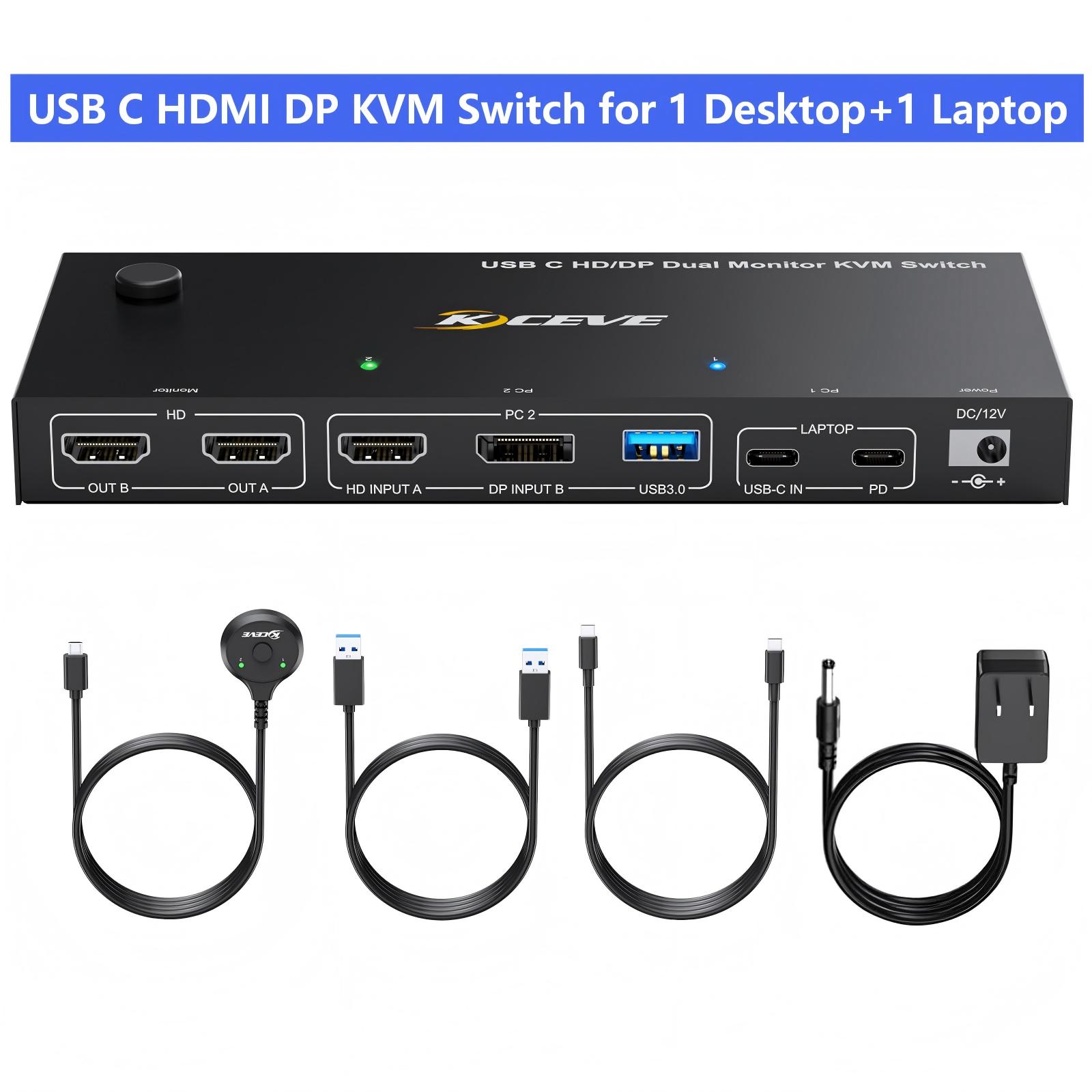 KVM スイッチ モニター 2 台、デスクトップ 1 台、ラップトップ 1 台、4K@60Hz、7-in-1 デュアル モニター KVM スイッチ ドック ステーション、ディスプレイ 2 台を拡張、USB 3.0 4 台、PD 80W