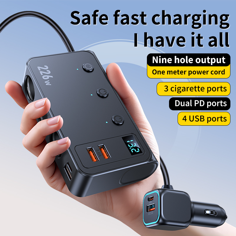9 in 1 シガーライタースプリッター 226W 車用充電アダプター PD/QC 3.0 充電 3.3FT ケーブル 12V/24V 独立スイッチ付き