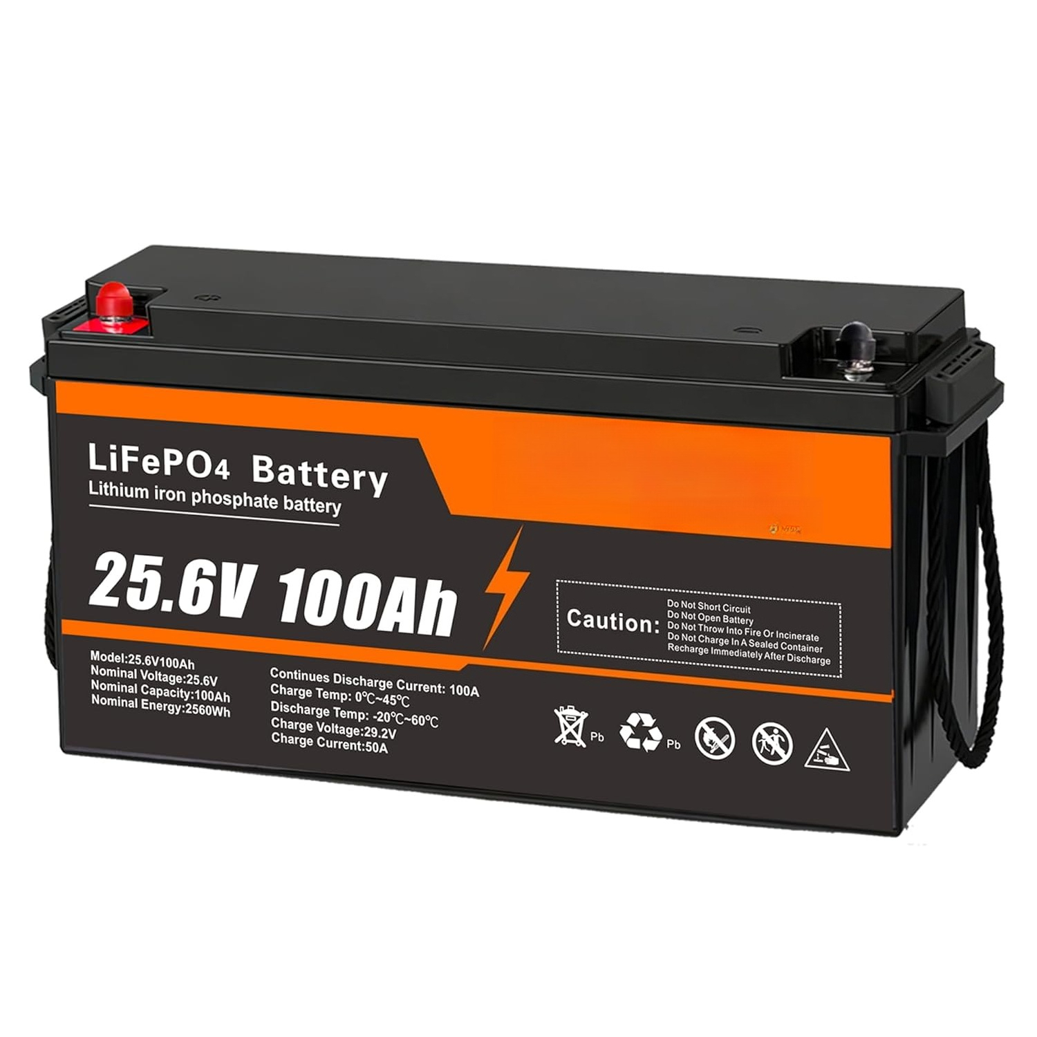 24V 100Ah LiFePO4 Lithium Battery, Built-in 100A BMS, 2560W Output & 25.6V High Energy Density, Custom