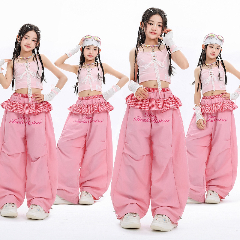 女の子ヒップホップダンス衣装ステージパフォーマンス子供ジャズダンスウェアピンク子供夏スーツストリートダンスベスト上着