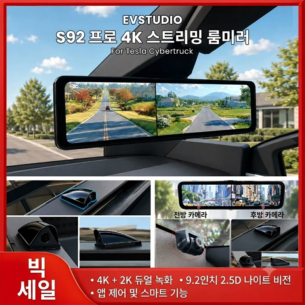 デュアルカメラダッシュカムストリーム Tesla Cyber​​truck S92 Pro 9.2インチ HD ストリーミング バックミラー 自動ビデオレコーダー ナイトビジョン WiFi