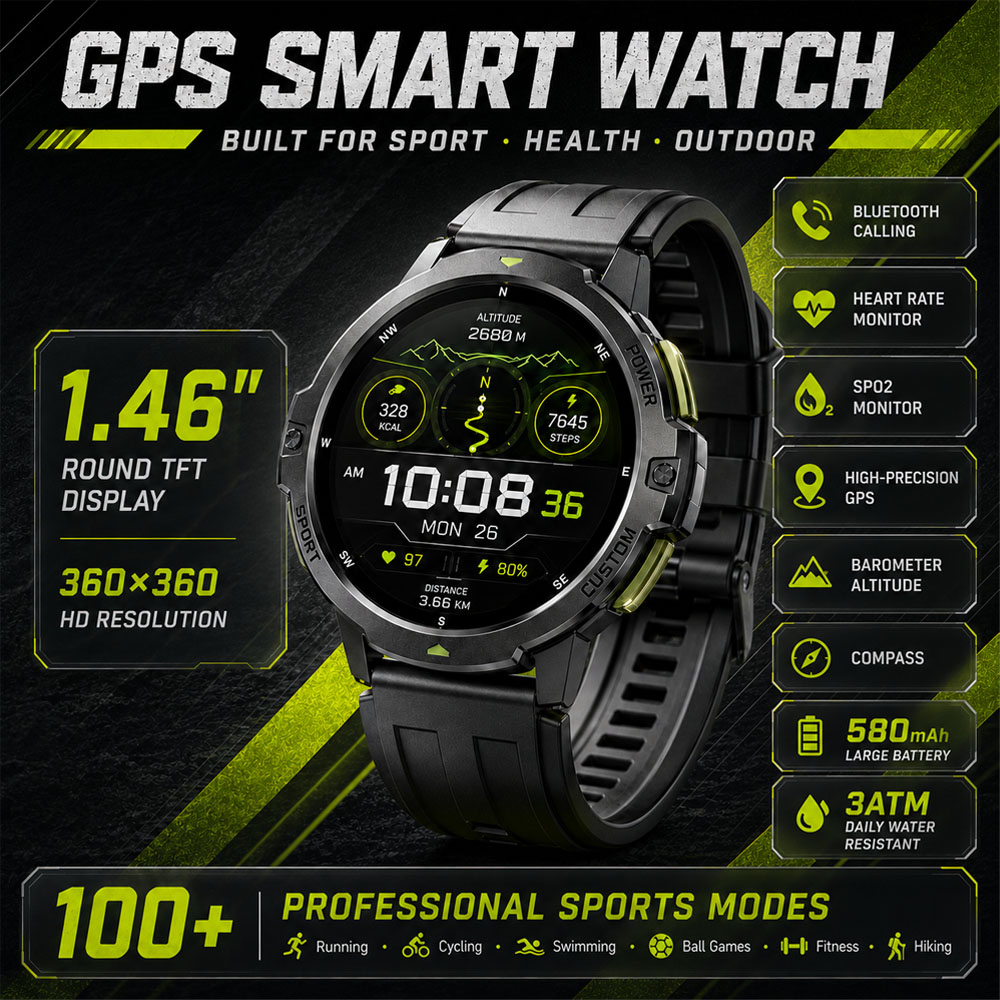 新しい軍事 GPS スマートウォッチ 3ATM 防水 580mAh 大型バッテリーコンパススポーツ腕時計スマートウォッチ男性女性 2026 アンドロイド