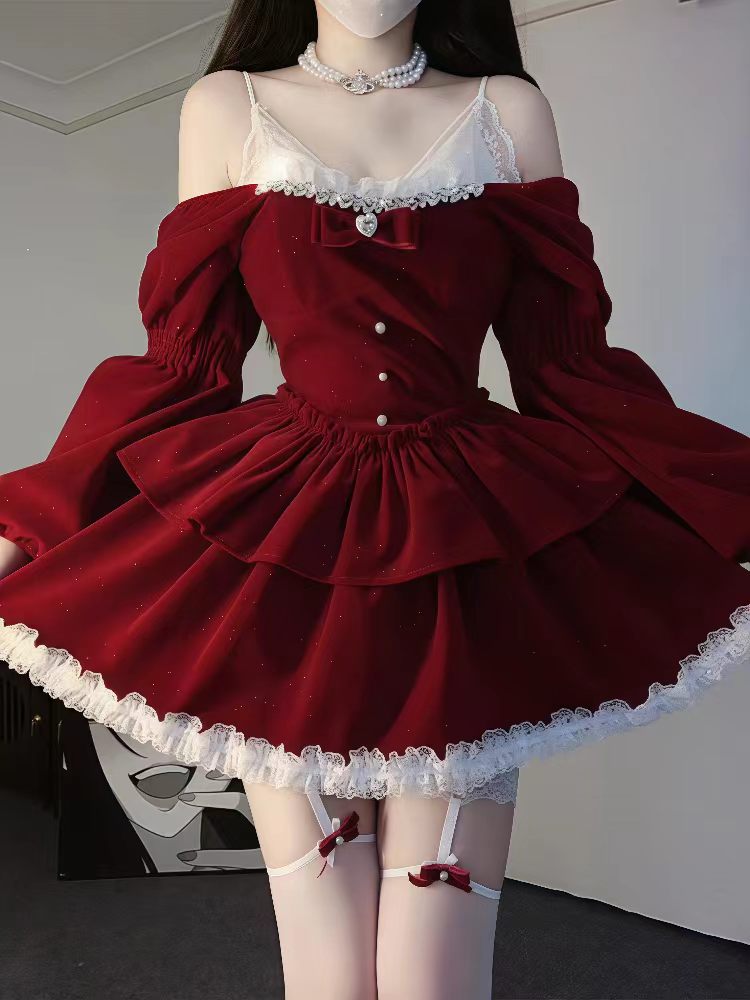 2025 かわいいクリスマスヴィンテージ甘い 2 ピースセット女性レースデザイン長袖リボントップスストラップドレス韓国 Y2k シックなかわいい新しい