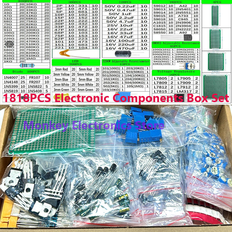 1818 個の電子部品 diy キット LED pcb コンデンサ抵抗器 2n2222 RM063 3296 ワットポテンショメータ ne555 lm317 ダイオードモノリシック