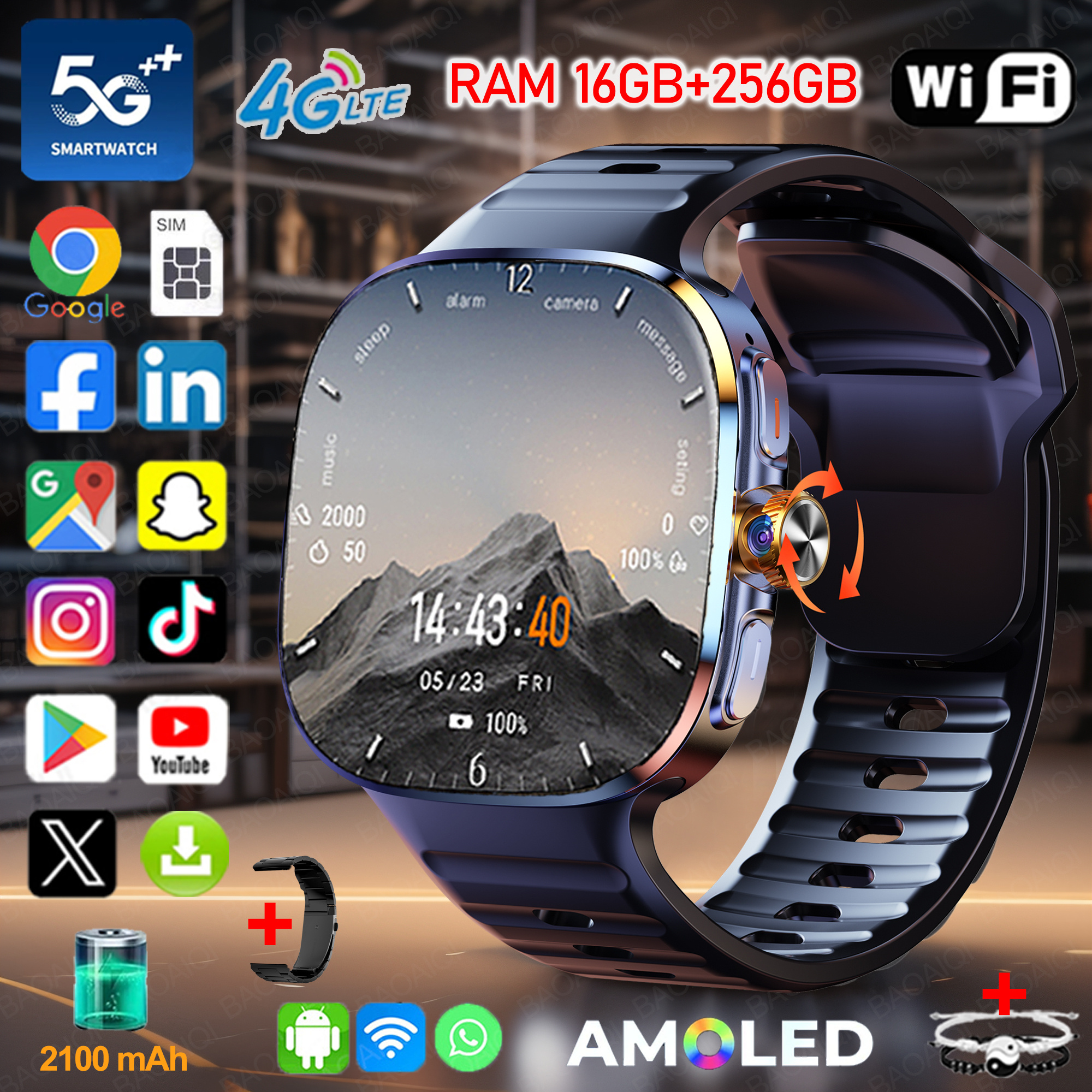 2.40 インチ大画面 4G/5G スマートウォッチ 190° 回転カメラ GPS 位置 WIFI 接続アプリのダウンロード Android 10.0 スマートウォッチ