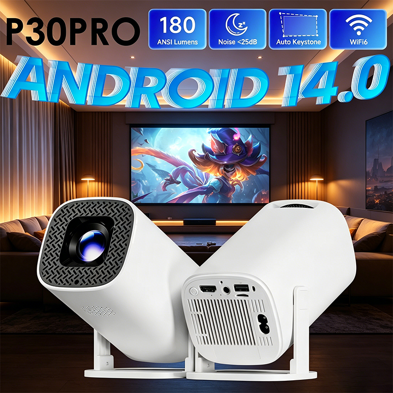 P30 プロスマートミニプロジェクター Android 14 WiFi 6 Bluetooth 5.0 ネイティブ 720P サポート 4K ポータブルホームシアタープロジェクター