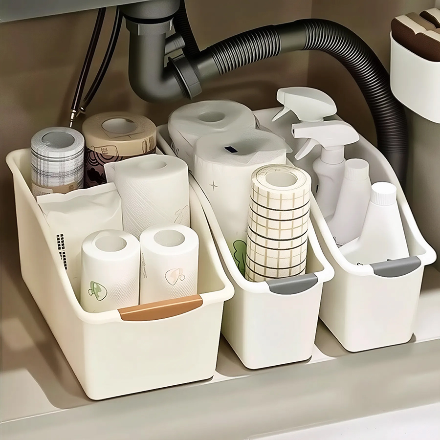 2/3個プラスチックアンダーシンクオーガナイザーホイール付き、ボトル整理ビンキッチンキャビネットオーガナイザーアンダー用プラスチックバスケット