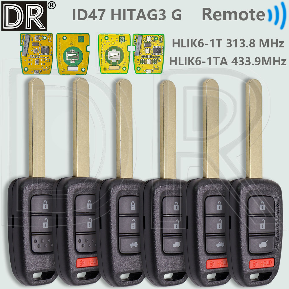 DR HLIK6-1T 313.8MHz HLIK6-1TA 433.9MHz ID47 PCF7961X 車のリモートキーホンダシビックアコードシティ CR-V ジャズ XR-V ヴェゼル HR-V FRV