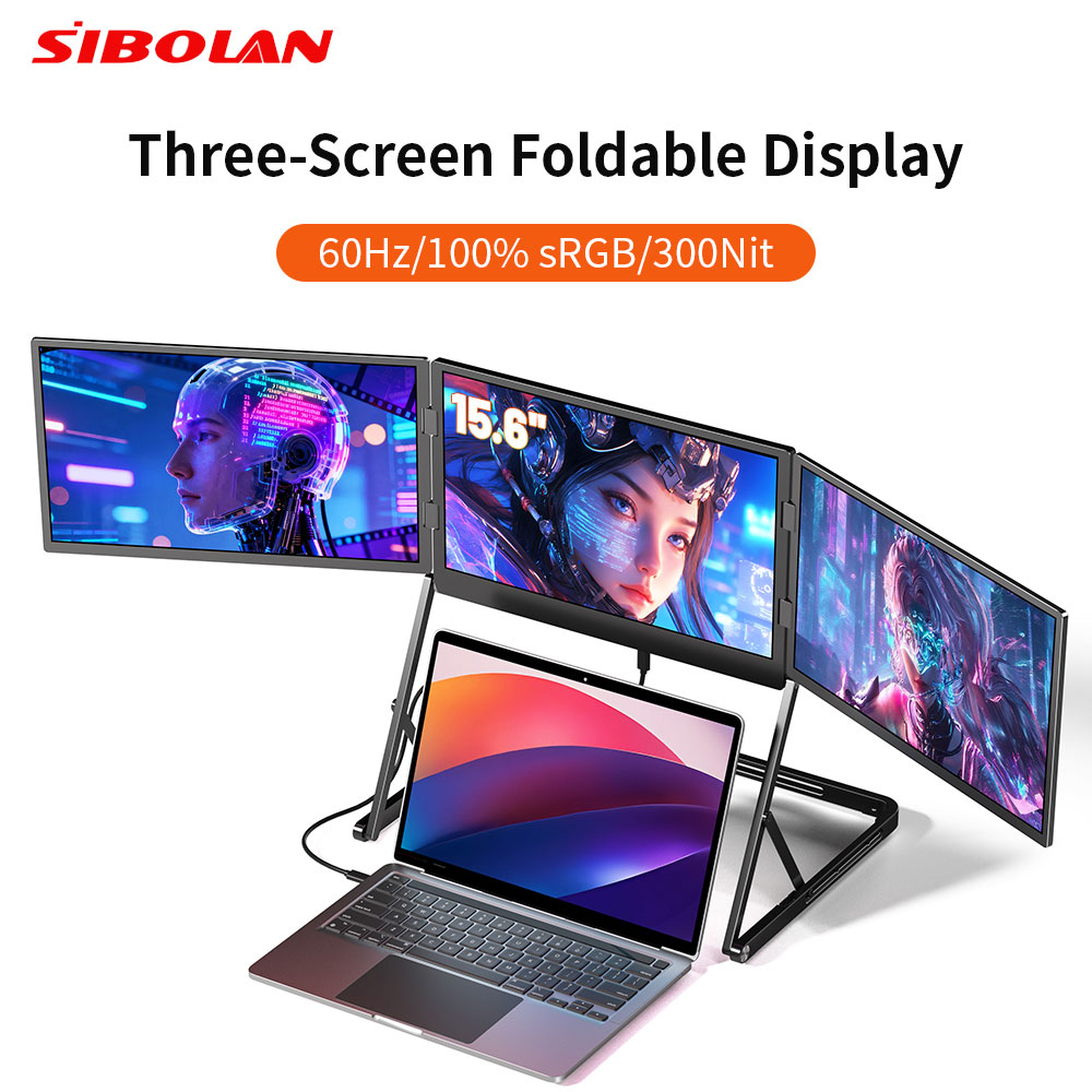 Sibolan 15.6 inch Three Screen Portable Monitor 60Hz 1080P 100% sRGB Metal Body HDMI USB-C Plug External Display For Wins Mac OS