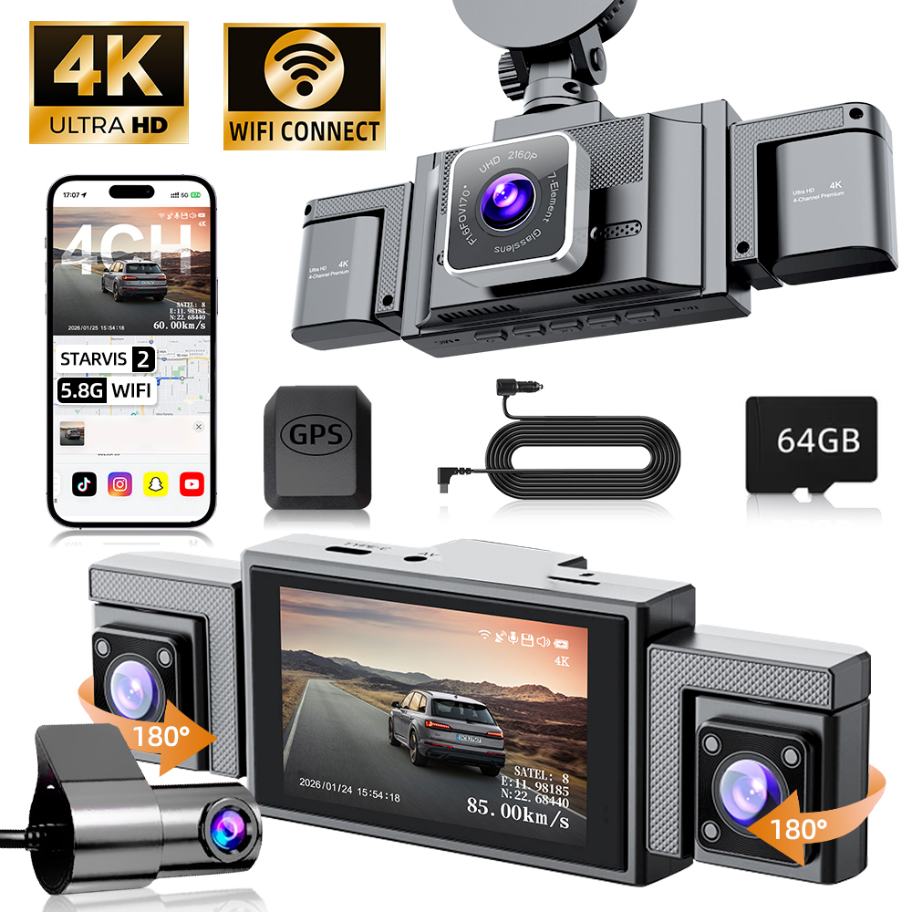 4 チャンネル 360 度 4K ダッシュカム、4C​​H STARVIS ナイトビジョン、4K 1080P*3 ダッシュカム、24/7 バッファリングパーキングモード、WiFi、外部 GPS、最大 1TB をサポート