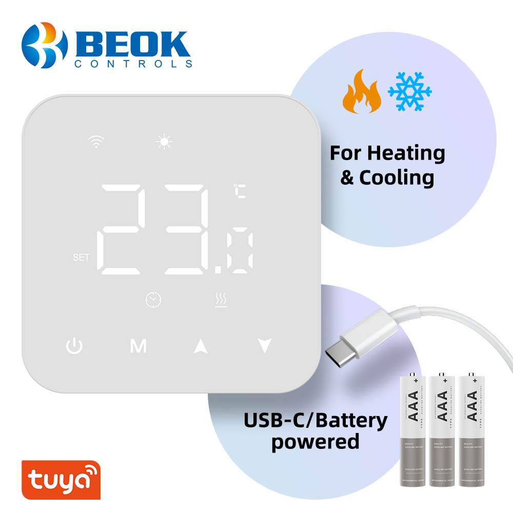 BeokWifi サーモスタット サーモスタット バッテリー駆動スマートホーム Tuya 加熱/冷却温度コントローラー、Alexa、Google ホーム用