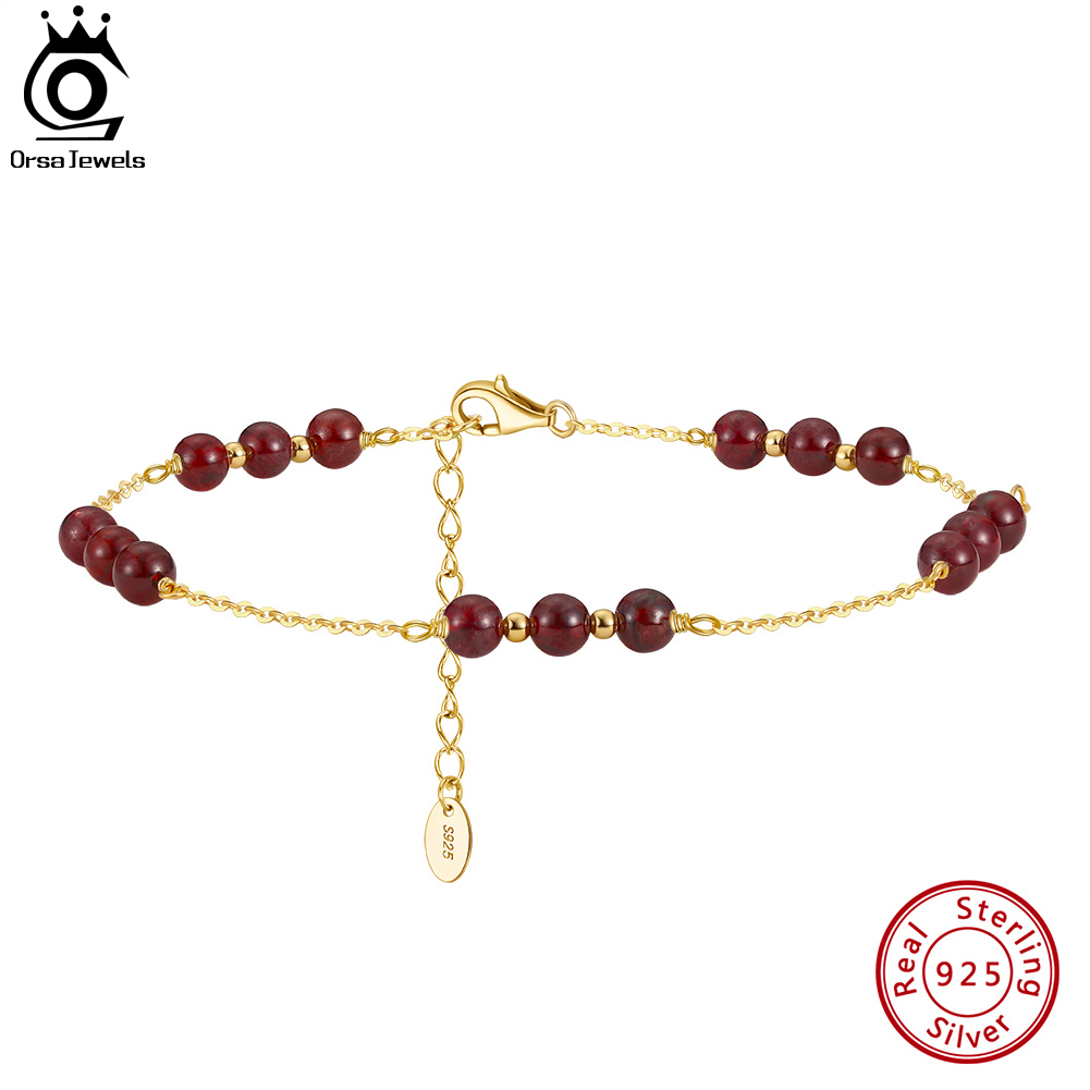 ORSA JEWELS 14K ゴールド本物の 4 ミリメートルビーズガーネットアンクレット女性のための 925 スターリングシルバーファッションサマービーチフットチェーンアンクレット SA46