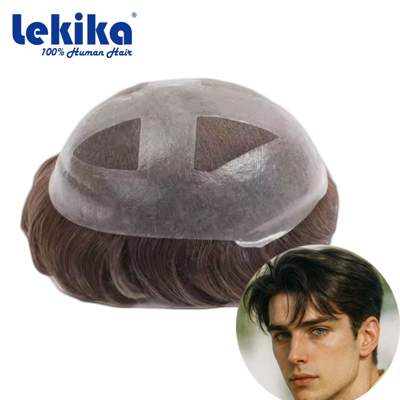 Toupee Pu&Lace Men's Wigs V-LOOP Hairline Men’s Hair Prosthetics Hair System for Man 0.04-0.06mm Human Hair Wigs Hair Prosthesis