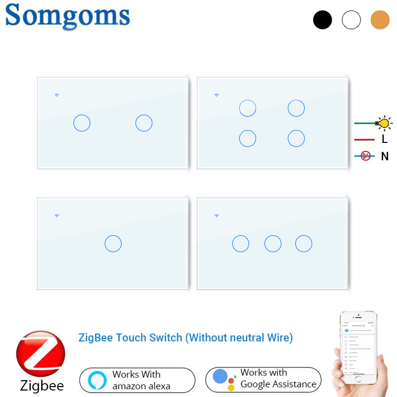 Somgoms ZigBee ウォールタッチ スマート ライト スイッチ 中性線なし、コンデンサ付き スマート ライフは Alexa Google ホームで動作します