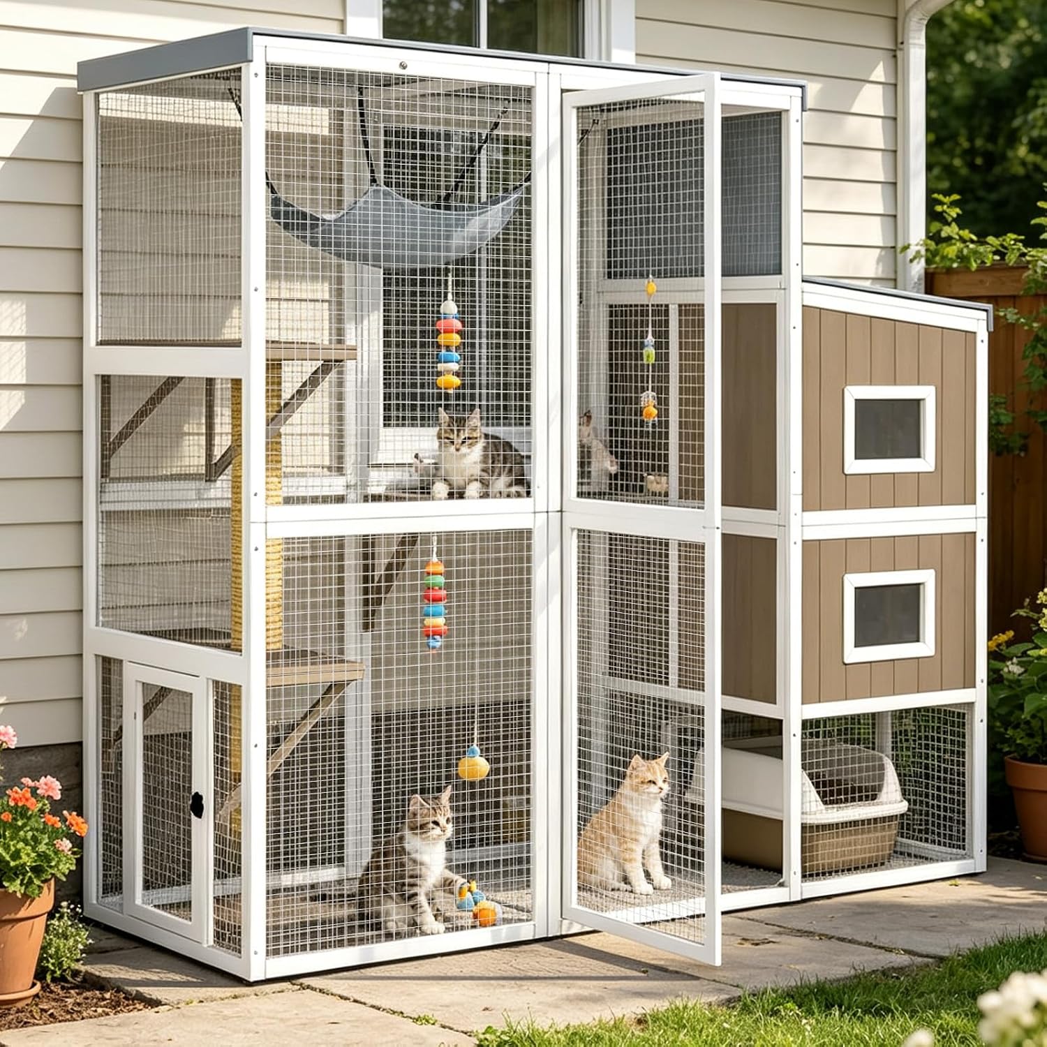 大型ウォークインカティオ屋外猫囲い、高さ75インチの複数の猫用木製キャットハウス、プラットフォーム付きマルチレベルカティオ、カスタム