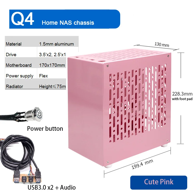 ARSYLID Q4 ホーム Nas アルミニウム シャーシ 3.5' X2 2.5' 75mm CPU ラジエーター フレックス PSU Mini ITX コンピューター ケース