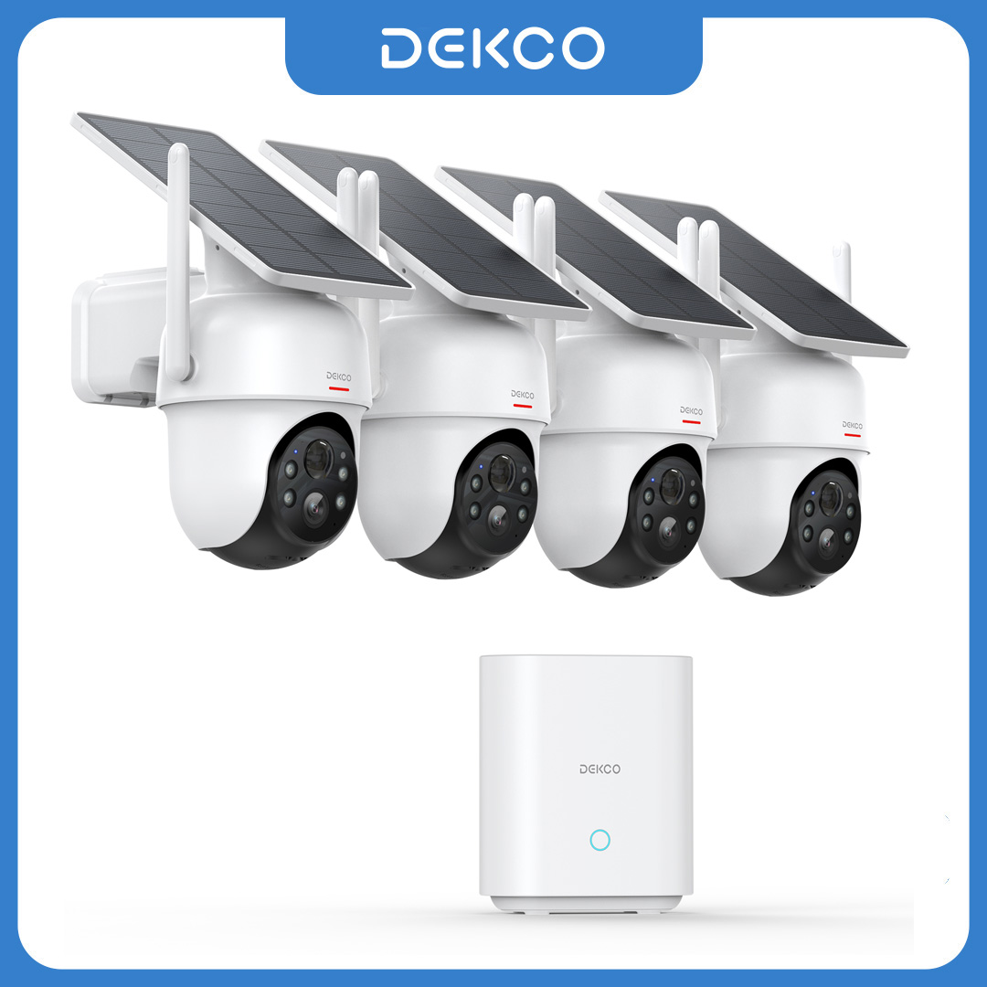 Dekco 3MP ソーラーカメラシステム 4 カムキット 5000mAh バッテリーワイヤレス 360° PTZ 監視 Wifi カメラセットサポートアレックス 2 ウェイオーディオ