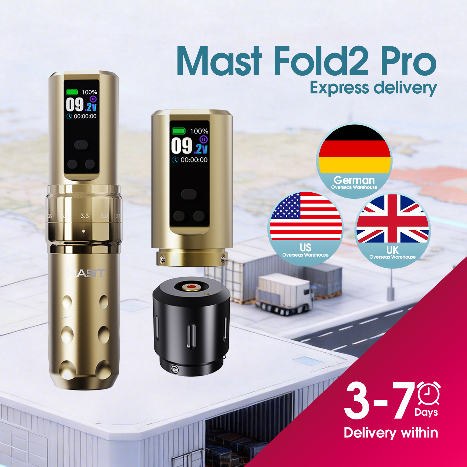 マスト Fold2 プロ ワイヤレス タトゥー マシン フルキット 7 ストロークの長さ 2 バッテリー 2000mAh 電源追加バッテリーボディアート用