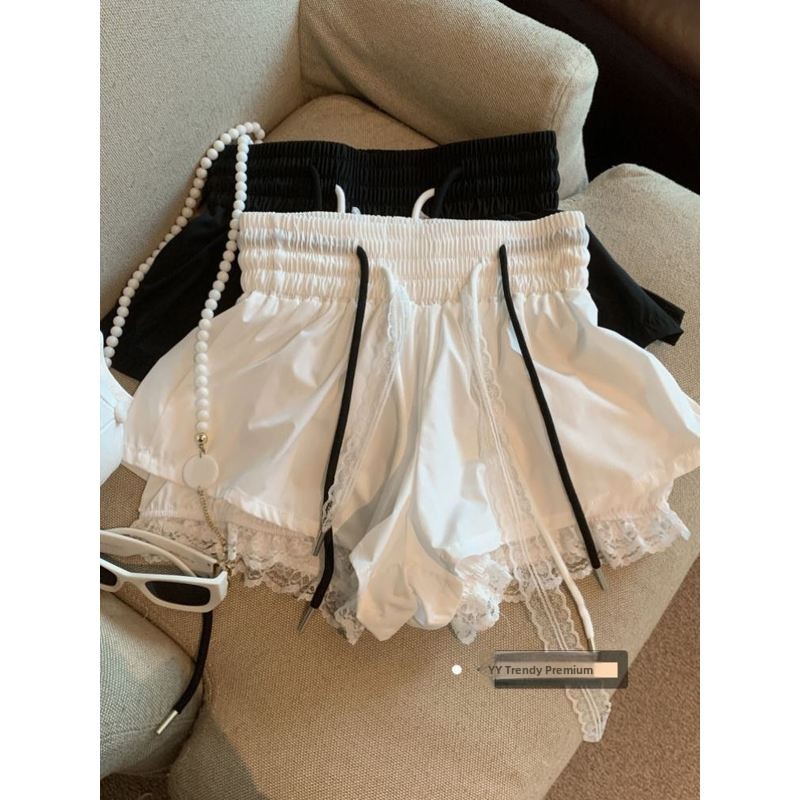Y2K レーススプライス痩身ワイドレッグパンツ Dstring ファムアップファッションセット ort 長さレイヤリング効果トレンディな学生 orm