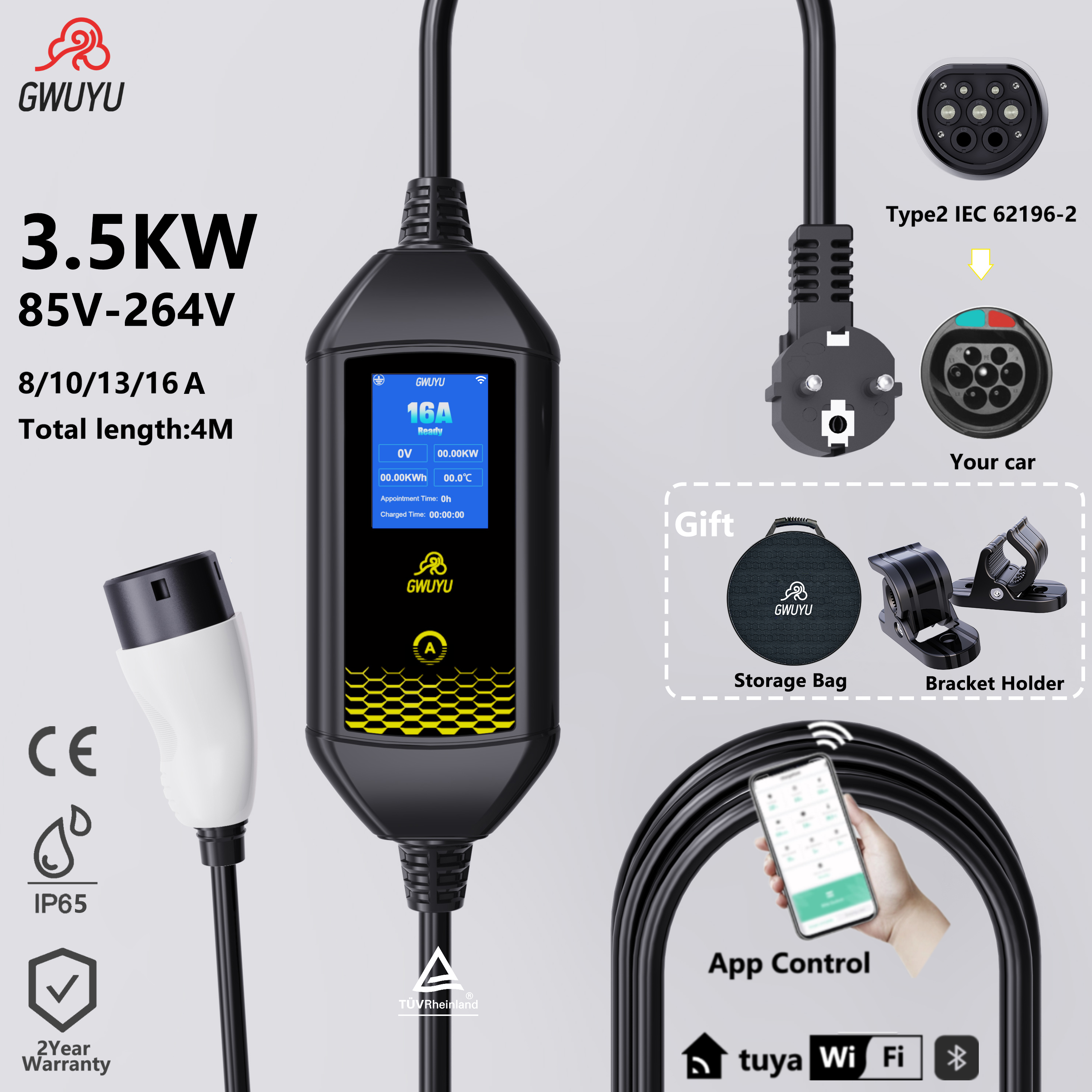 GWUYU 3.5KW ポータブル電気自動車充電器タイプ 2 IEC62196-2 4M 充電ケーブル EV 充電ステーション ウォールボックス EVSEWith アプリと Wi-Fi