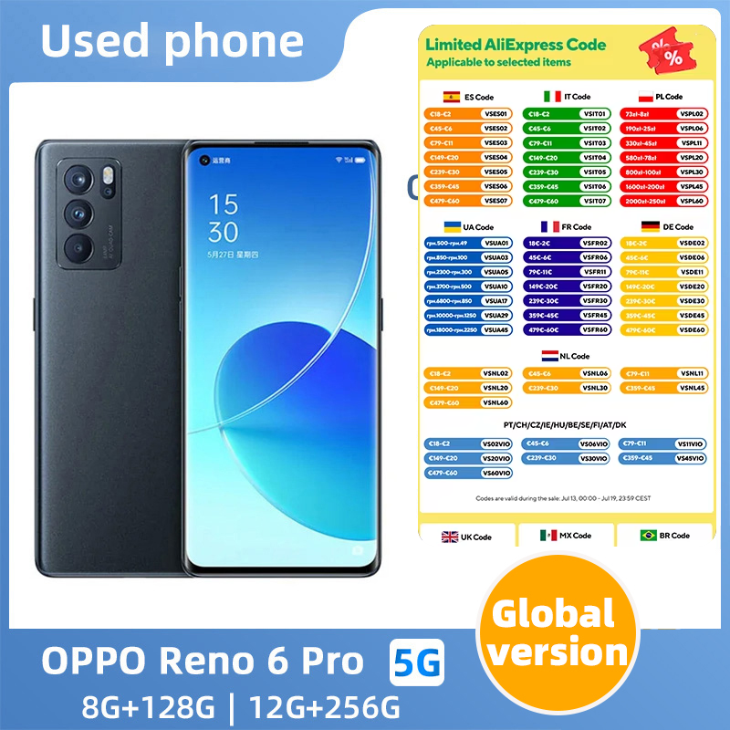 oppo Reno6 pro 5G Android ロック解除 6.55 インチ 12GB RAM 256GB ROM 全色良好な状態のオリジナル中古携帯電話