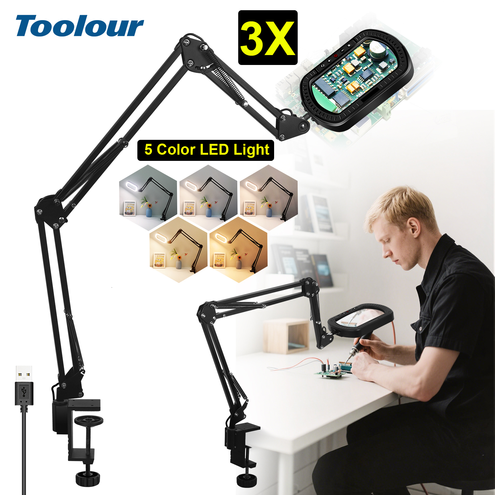 Toolour 3X 長方形拡大鏡 ライトとクランプ付き 5 カラーモード 無段階調光可能 柔軟なスイングアーム LED デスクランプ