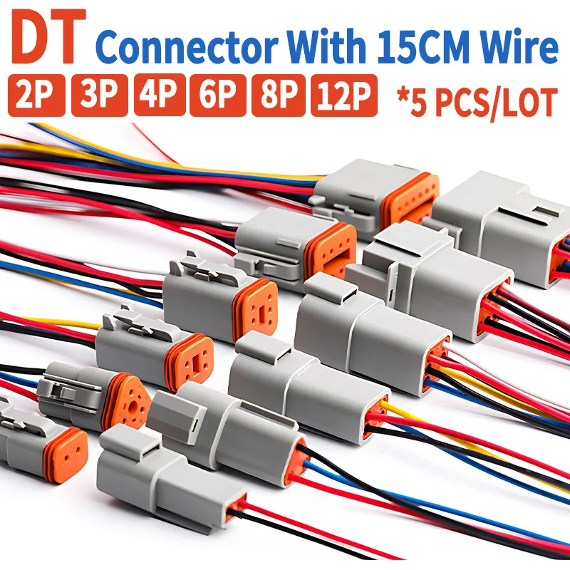 5 セットドイツ DT コネクタ 15 センチメートル配線ハーネス DT06-2S/DT04-2P 2P 3P 4P 6P 8P 12P 防水電気コネクタ