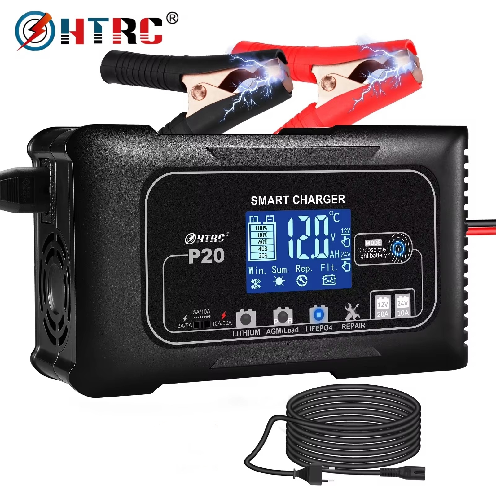 HTRC 20A/25A/35A 車オートバイ充電器 12V20A 24V10A 自動 AGM リチウム鉛酸 LiFePO4 Batteri パルス修理充電器