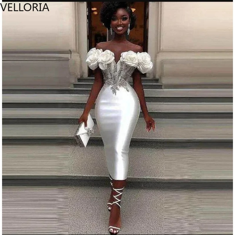 White Off Shoulder Puffed Floral Bodycon African Party Dress Beaded Rhinestone Waist Cocktail Evening Gown Short DressCustomized