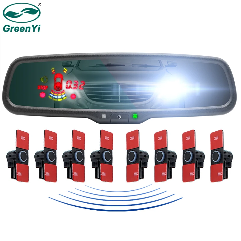 GreenYi パーキングセンサー ミラー付き 自動調光モニター 車用パークトロニック LED パーキングセンサー 4/8 レーダー探知システム