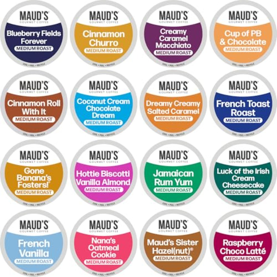 Maud's スーパー フレーバー コーヒー ポッド バラエティ パック 80 カラット 16 種類のフレーバーの詰め合わせ ミディアム ロースト フレーバー コーヒー、シングルサーブ ポッド 100%
