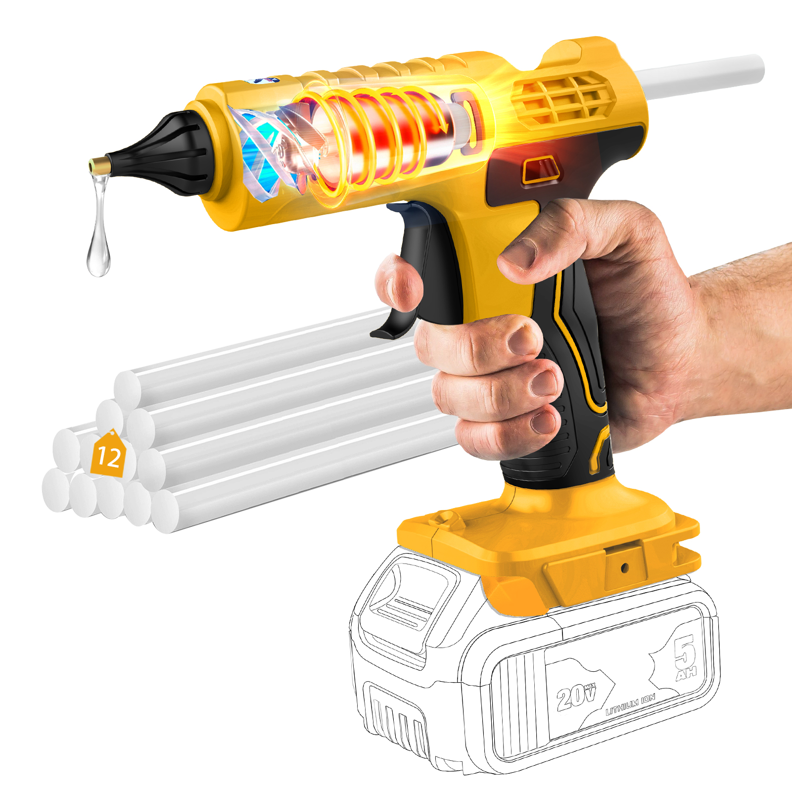 100W コードレスホットグルーガン DeWalt 20V バッテリー用 (バッテリーなし) ワイヤレスパワーグルーガン フルサイズ 12本グルースティック付き (11mm)