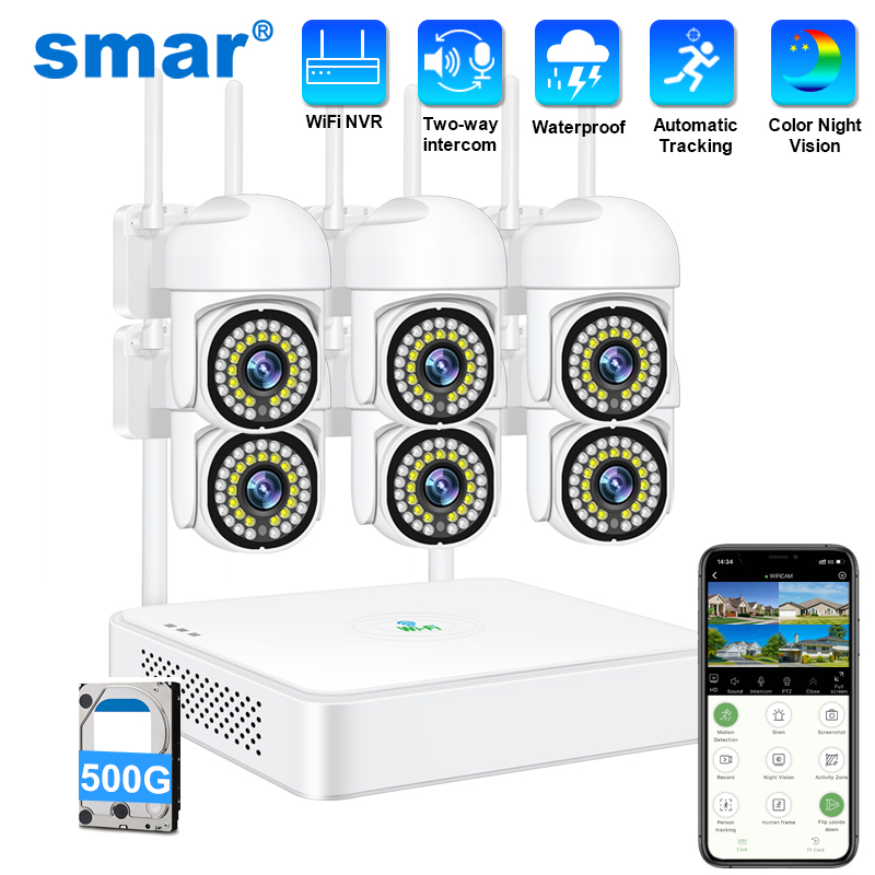 Smar 3MP ワイヤレス CCTV セキュリティカメラシステム PTZ Wifi 屋外監視キットアラーム 6CH NVR ホームセキュリティナイトビジョンセット