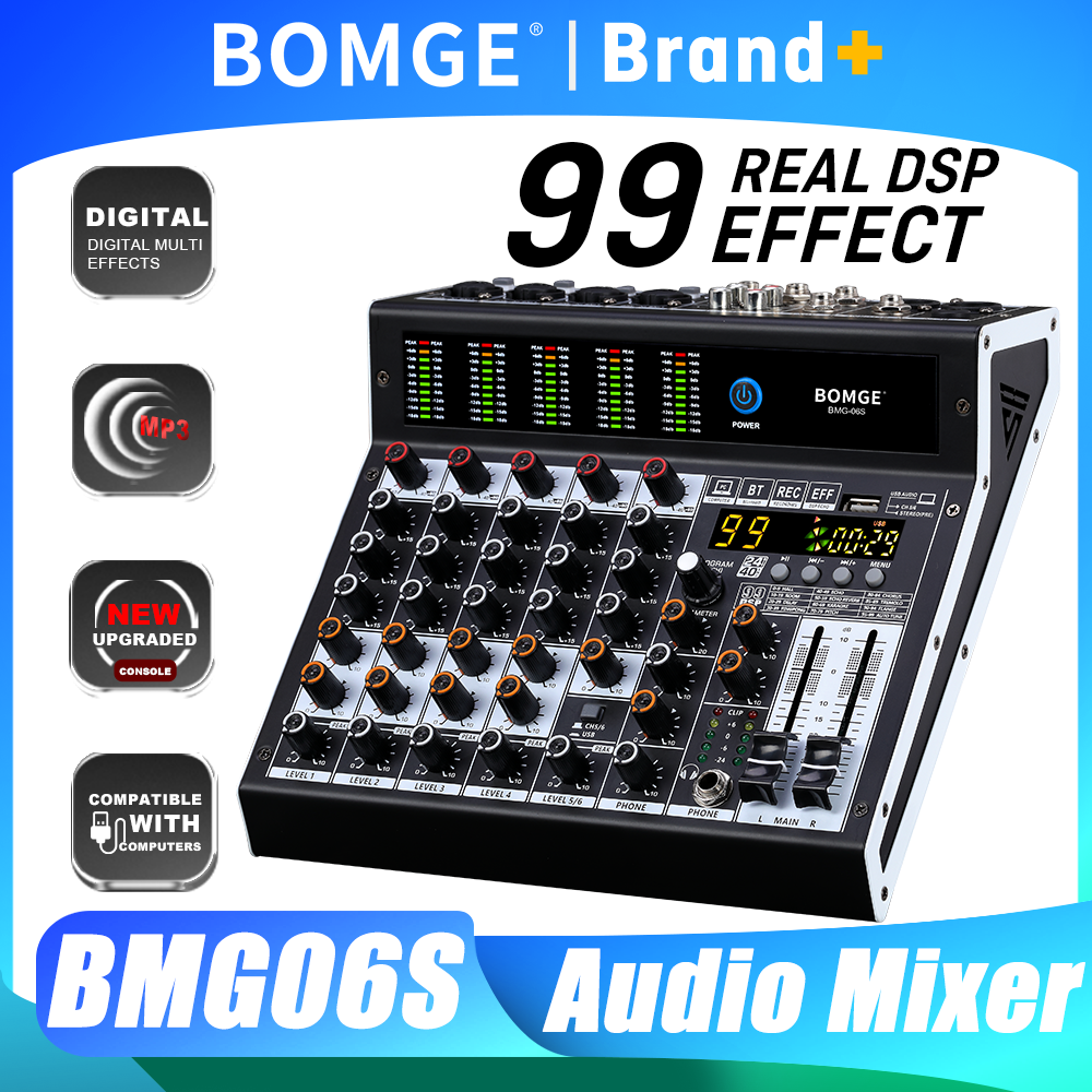 BOMGE オーディオミキサー 6 チャンネルミキシングコンソール 99 DSP エフェクト付き 48V ファントム Bluetooth USB インターフェーススタジオレコーディングライブ用