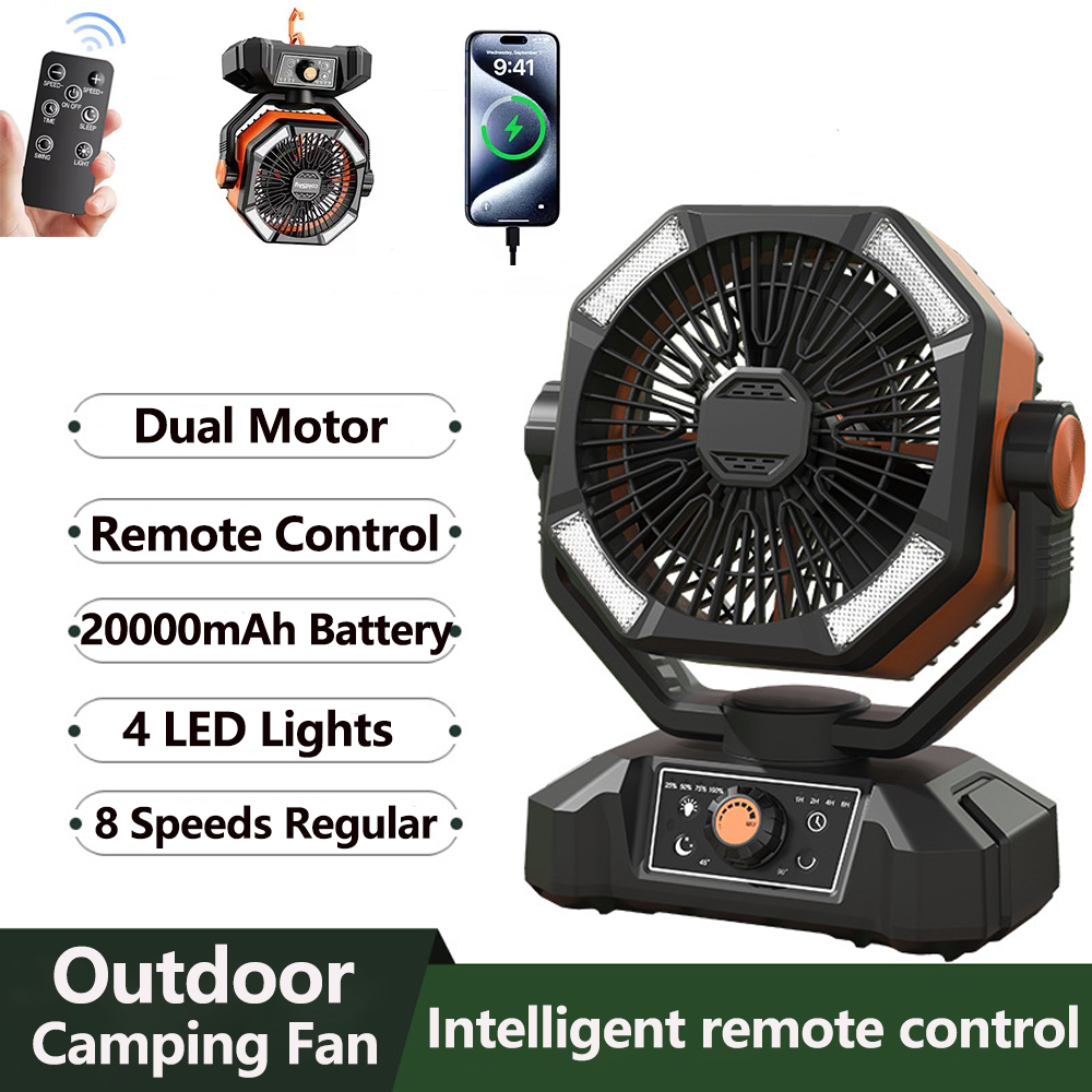 20000mAhバッテリーキャンプファン 4 LEDランタン付き 8スピードデスクファン ポータブル屋外ファン 屋外キャンプテントや釣り用